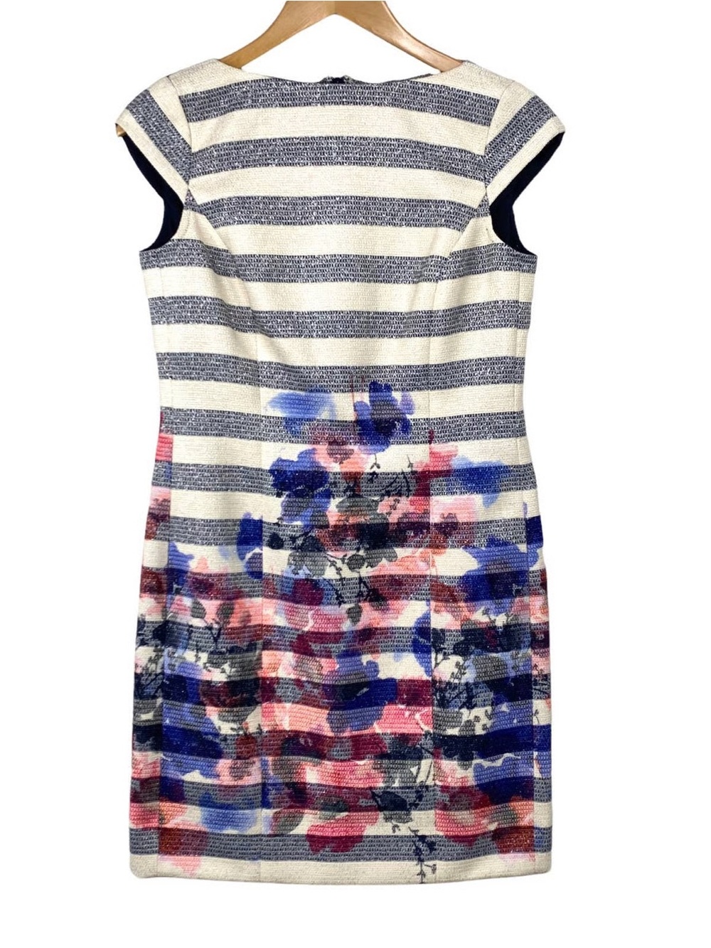 Worth Striped Floral Textured Dress in Navy and Cream